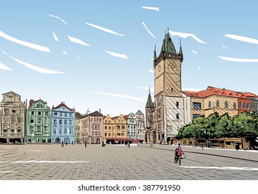 Prague city hand drawn sketch. European city, vector illustration