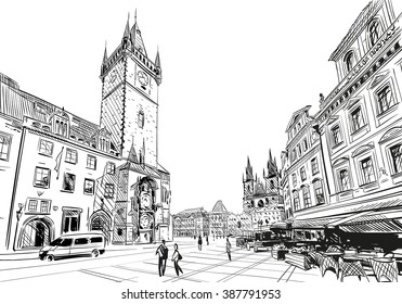 Prague city hand drawn sketch. European city, vector illustration