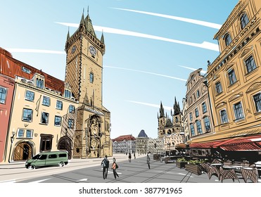 Prague city hand drawn sketch. European city, vector illustration