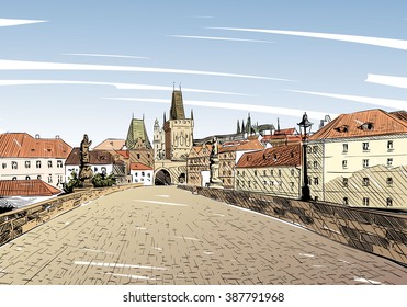 Prague city hand drawn sketch. The Charles bridge, vector illustration