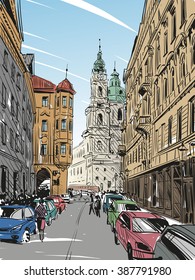 Prague city hand drawn sketch. European city, vector illustration