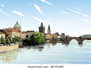 Prague city hand drawn sketch. European city, vector illustration