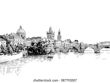 Prague city hand drawn sketch. European city, vector illustration