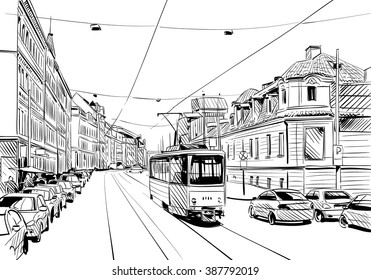 Prague city hand drawn sketch. European city, vector illustration