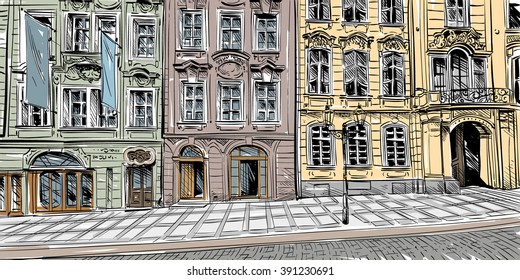 Prague city hand drawn sketch. European city, vector illustration