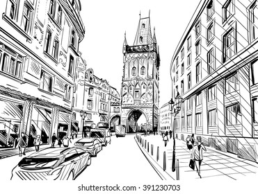 Prague city hand drawn sketch. European city, vector illustration