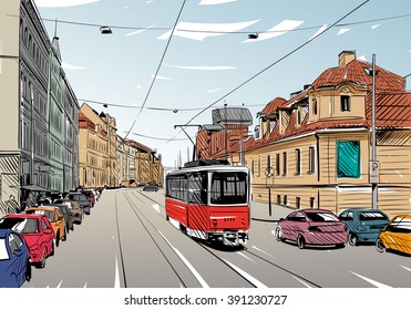 Prague city hand drawn sketch. European city, vector illustration