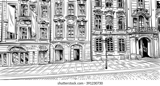 Prague city hand drawn sketch. European city, vector illustration