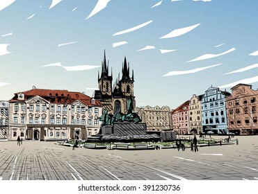 Prague city hand drawn sketch. European city, vector illustration