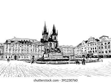 Prague city hand drawn sketch. European city, vector illustration