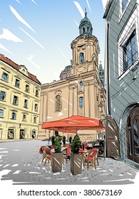 Prague city hand drawn.Cafe sketch. Vector illustration