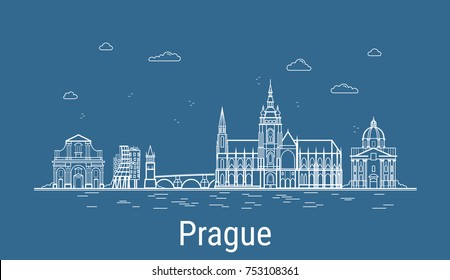 Prague city, Line Art Vector illustration with all famous buildings. Linear Banner with Showplace. Composition of Modern cityscape. Prague buildings set