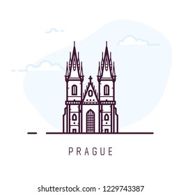 Prague city line style illustration. Old and famous Church of Our Lady before Tyn in Prague. Czech architecture city symbol of Czech Republic. Outline building vector illustration. Travel banner.