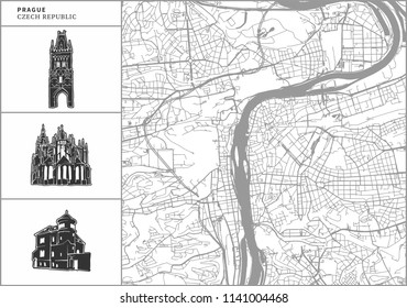 Prague city map with hand-drawn architecture icons. All drawigns, map and background separated for easy color change. Easy repositioning in vector version.