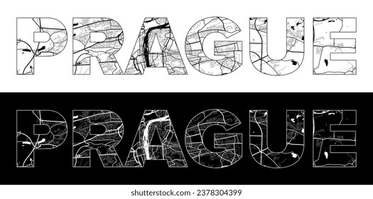 Prague City Name (Czech Republic, Europe) with black white city map illustration vector