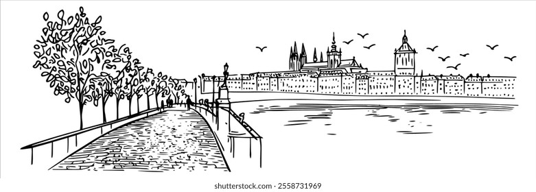 Prague city panorama hand drawing doodle hatching vector sketch