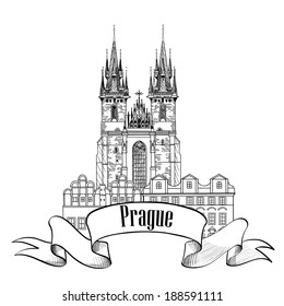 Prague city sign. Famous landmark, Tyn Cathedral with Tower. Travel Europe background.