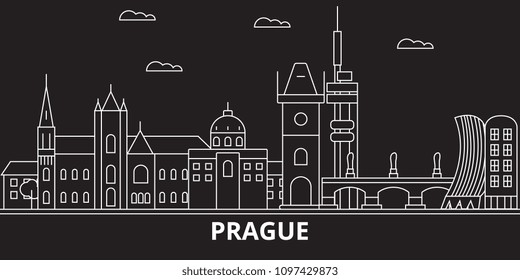 Prague city silhouette skyline. Czech Republic - Prague city vector city, czech linear architecture. Prague city travel illustration, outline landmarks. Czech Republic flat icon, czech line banner