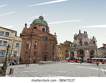 Prague city sketch hand drawn. Vector illustration