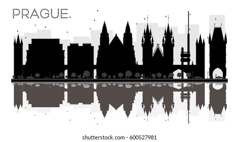 Prague City skyline black and white silhouette with reflections. Vector illustration. Simple flat concept for tourism presentation, banner, placard or web site. Cityscape with landmarks.