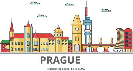 Prague city skyline: buildings, streets, silhouette, architecture, landscape, panorama, landmarks. Editable strokes. Flat design line vector illustration concept. Isolated icons on white background