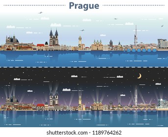 Prague city skyline at day and night vector illustration