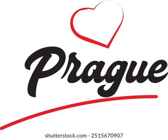 Diseño de texto de la ciudad de Praga con diseño de icono tipográfico de corazón rojo adecuado para la promoción turística