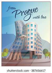 Prague city views travel poster with modern curvy dancing office building with top floor restaurant vector illustration 