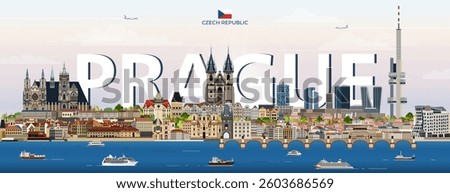 Prague cityscape colorful vector illustration with big city name on the background. Travel trendy poster