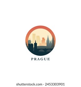 Prague cityscape, gradient vector badge, flat skyline logo, icon. Czech Republic capital city round emblem idea with landmarks and building silhouettes. Isolated graphic