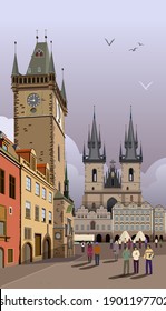 
Praga, torre del reloj. Vista. Monumento arquitectónico. Viajes. Vector