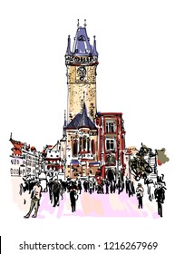 Prague clock tower sketch drawing, Czech Republic, vector illustration