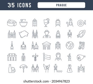 Praga. Colección de iconos perfectamente delgados para el diseño web, aplicación y los proyectos más modernos. El kit de carteles para la categoría Educación.