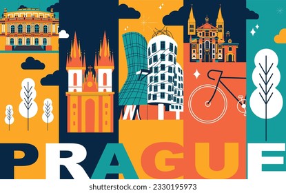 Prague culture travel set, European famous architectures, Czech in flat design. Business travel and tourism concept clipart. Image for presentation, banner, website, advert, flyer, roadmap, icons