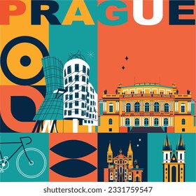 Estancia de viaje cultural de Praga, arquitectura europea famosa, checo de diseño plano. Concepto de viajes de negocios y turismo. Imagen para presentación, banner, sitio web, anuncio, volante, hoja de ruta, iconos