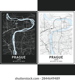 Prague, Czech city map vector illustration, minimalist dark and light urban street map poster with detailed road network