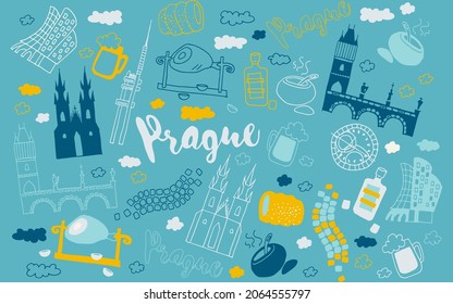 Dibujo de garabatos checos en Praga. Ilustración del doodle de Praga. Ilustración moderna de la ciudad de Praga. Cartel dibujado a mano, pancarta, postal, plantilla de tarjeta para empresa de viajes, camiseta, camisa. EPS vectorial 10