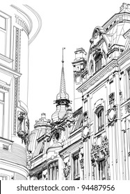 Prague, Czech Republic - architectural drawing of the historic district of the city. Vector sketch