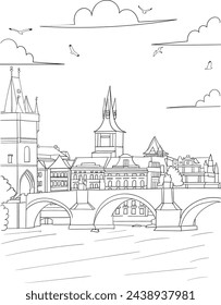 Praga, República Checa - Charles Bridge dibujo de arte para niños y adultos libro para colorear