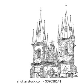 Prague, Czech Republic. Church of Mother of God, Old Town Square in European city, black & white vector sketch hand drawn collection. Tourists & travel, popular attraction, street & routs. Tourism.