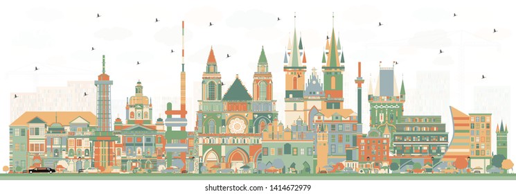 Prague Czech Republic City Skyline with Color Buildings. Vector Illustration. Business Travel and Tourism Concept with Historic Architecture. Prague Cityscape with Landmarks.