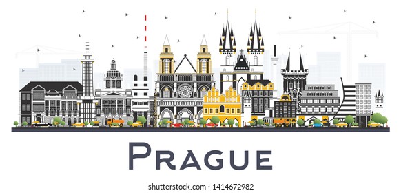 Prague Czech Republic City Skyline with Color Buildings Isolated on White. Vector Illustration. Business Travel and Tourism Concept with Historic Architecture. Prague Cityscape with Landmarks. 