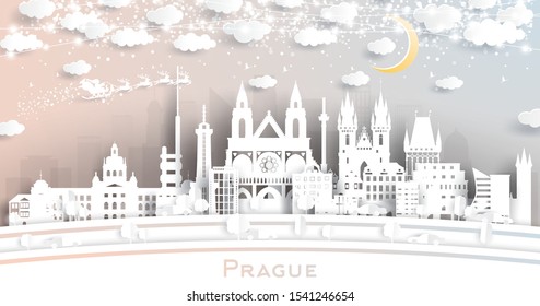 Prague Czech Republic City Skyline in Paper Cut Style with Snowflakes, Moon and Neon Garland. Vector Illustration. Christmas and New Year Concept. Santa Claus on Sleigh. 