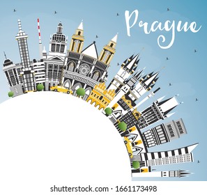 Prague Czech Republic City Skyline with Color Buildings, Blue Sky and Copy Space. Vector Illustration. Business Travel and Tourism Concept with Historic Architecture. Prague Cityscape with Landmarks.