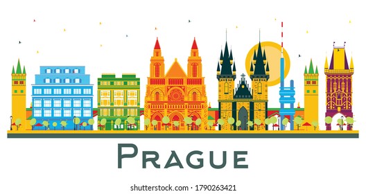 Esquina de la ciudad de Praga República Checa con edificios de color aislados en blanco. Ilustración vectorial. Concepto de viajes de negocios y turismo con arquitectura histórica. El paisaje urbano de Praga con monumentos.