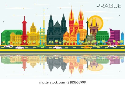 Prague Czech Republic City Skyline with Color Buildings, Blue Sky and Reflections. Vector Illustration. Business Travel and Tourism Concept with Historic Architecture. Prague Cityscape with Landmarks.