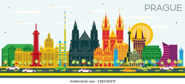 Prague Czech Republic City Skyline with Color Buildings and Blue Sky. Vector Illustration. Business Travel and Tourism Concept with Historic Architecture. Prague Cityscape with Landmarks.