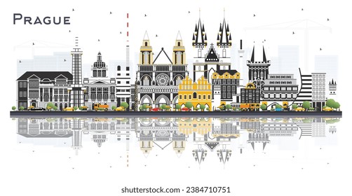 Prague Czech Republic City Skyline with Color Buildings and reflections Isolated on White. Vector Illustration. Travel and Tourism Concept with Historic Architecture. Prague Cityscape with Landmarks.