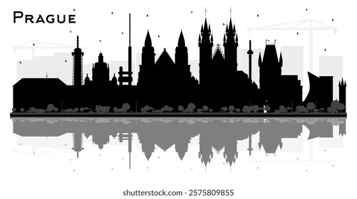 Prague Czech Republic City Skyline Silhouette with Black Buildings and reflections Isolated on White. Vector Illustration. Tourism Concept with Historic Architecture. Prague Cityscape with Landmarks. 