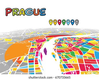 Prague, Czech Republic, Downtown 3D Vector Map of Famous Streets. Bright foreground full of colors. White Streets, Waterways and grey background areal. White Horizon.